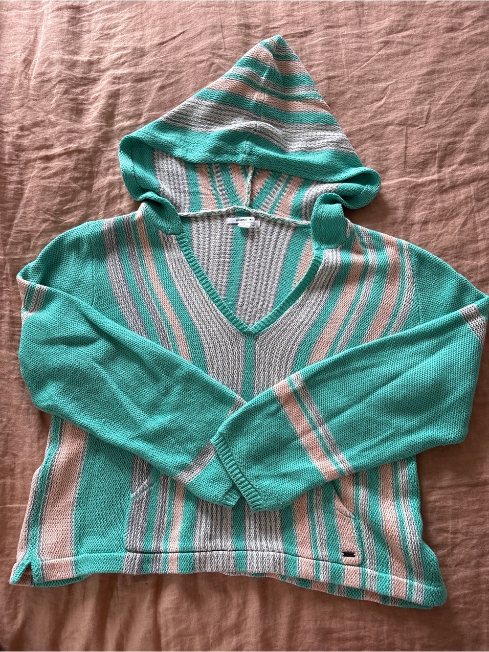 O'Neill Mint Green, Gray & Blush Striped V-Neck Hoodie Sweater